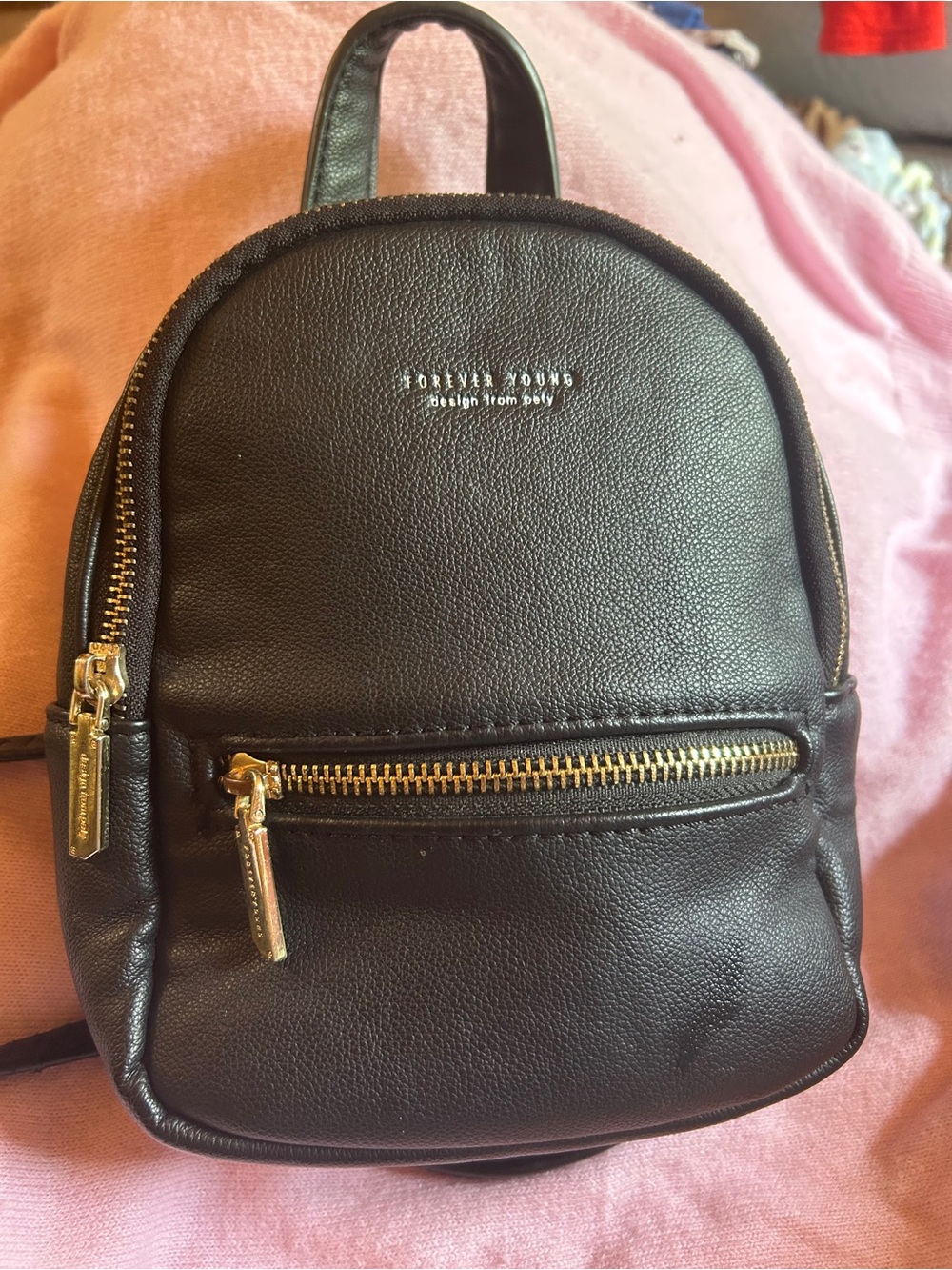 Forever Young Black Mini Backpack with Gold Hardware